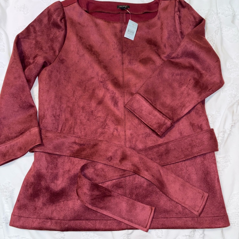 Ann Taylor Petite Burgundy Suede-Look Belted Top